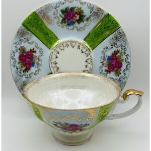 Wales Porcelain Teacup Saucer Lusterware Floral Green Gold Japan Vintage Set